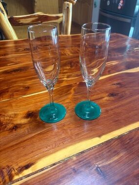Vintage Set of Two Clear Champagne Flutes with Teal Bases
